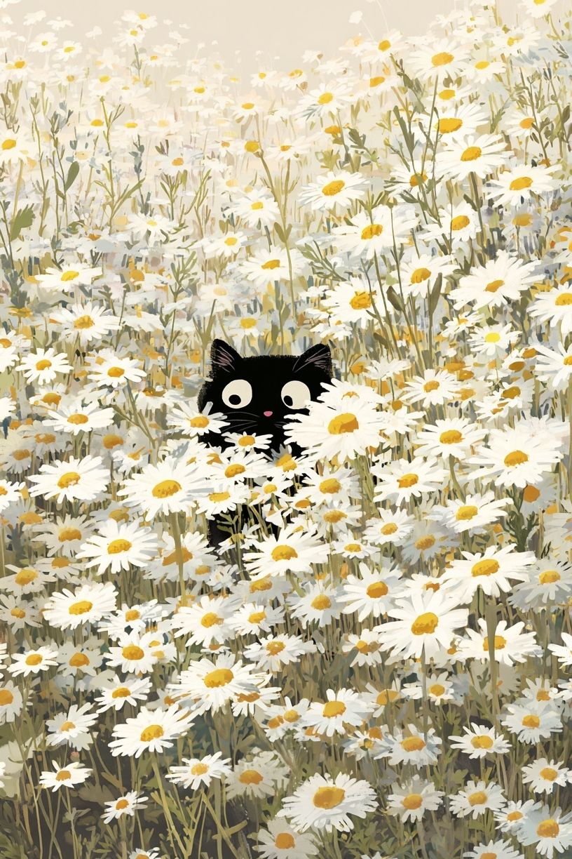 Black Cat in Daisy Field — Illustration Print. poster detail