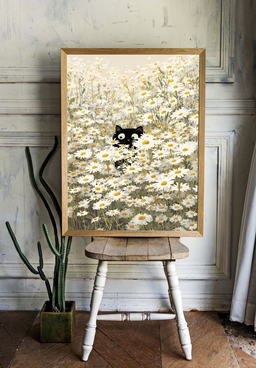 Black Cat in Daisy Field — Illustration Print. — room view 1
