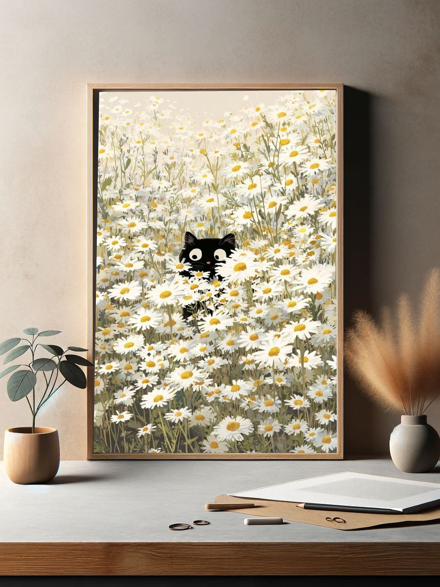 Black Cat in Daisy Field — Illustration Print. — room view 2