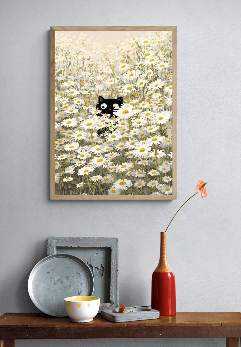 Black Cat in Daisy Field — Illustration Print. — room view 3