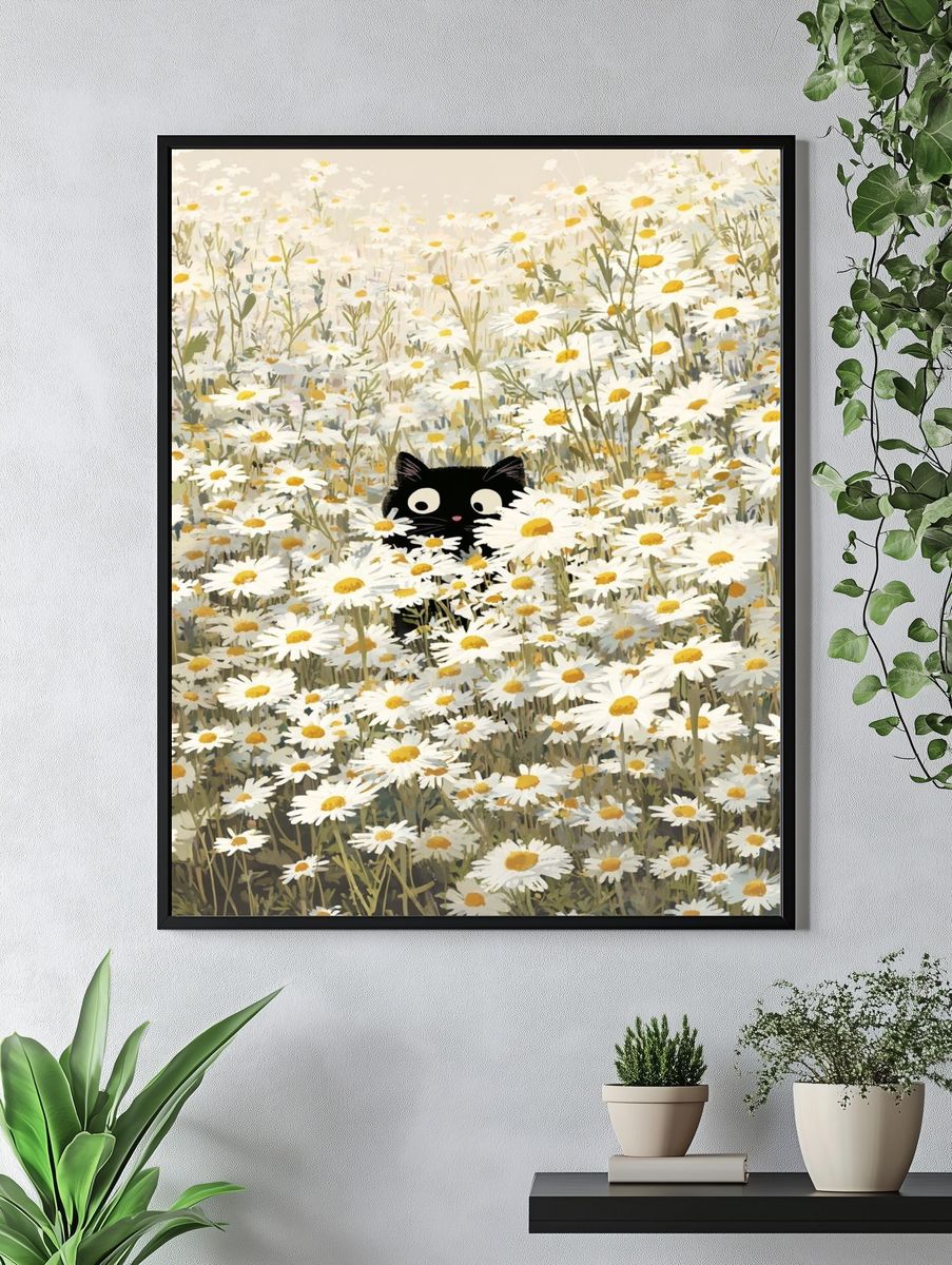 Black Cat in Daisy Field — Illustration Print. — room view 4