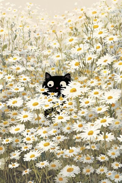 Black Cat in Daisy Field