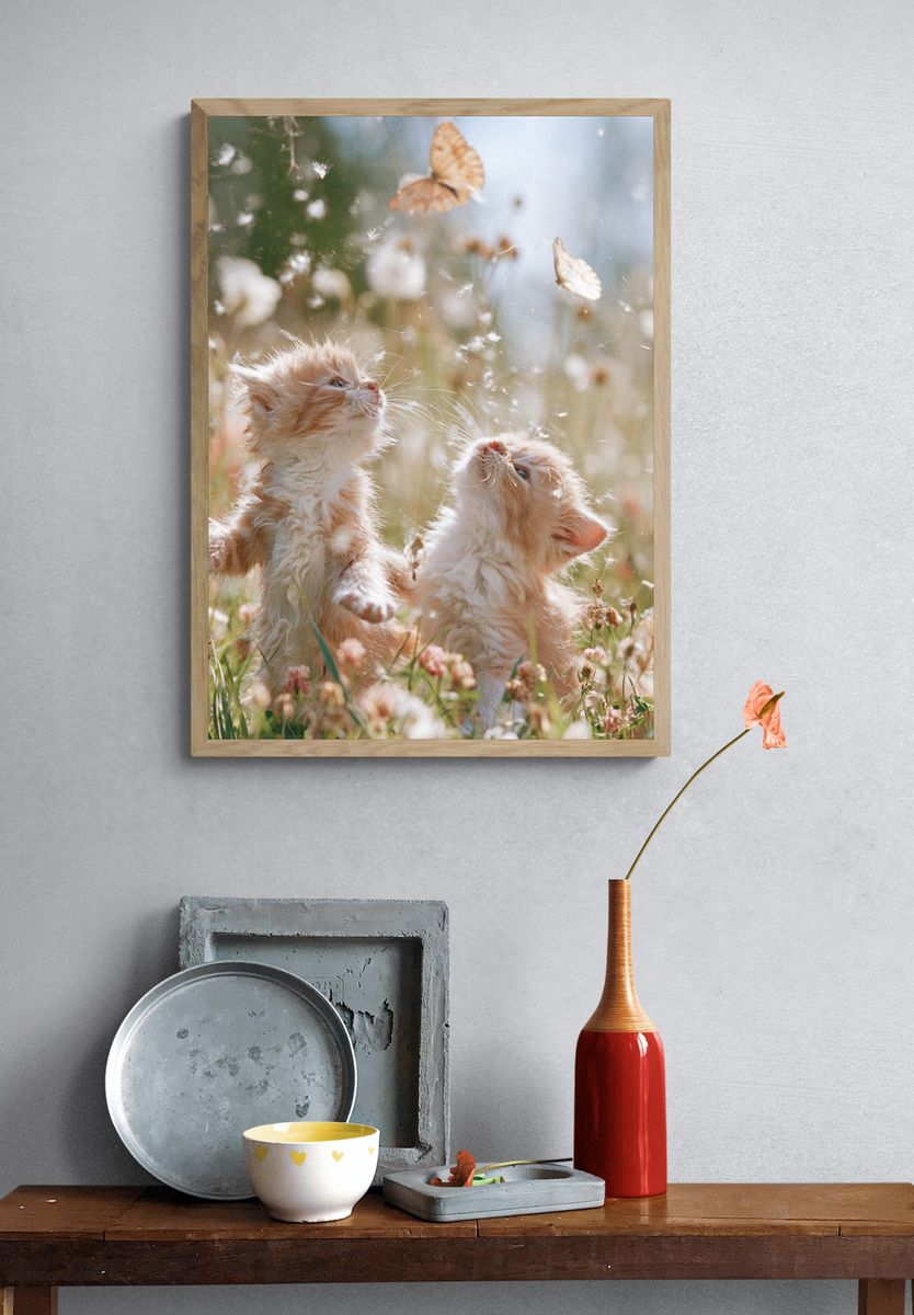 Playful Kittens in Meadow Photography Poster. — room view 3
