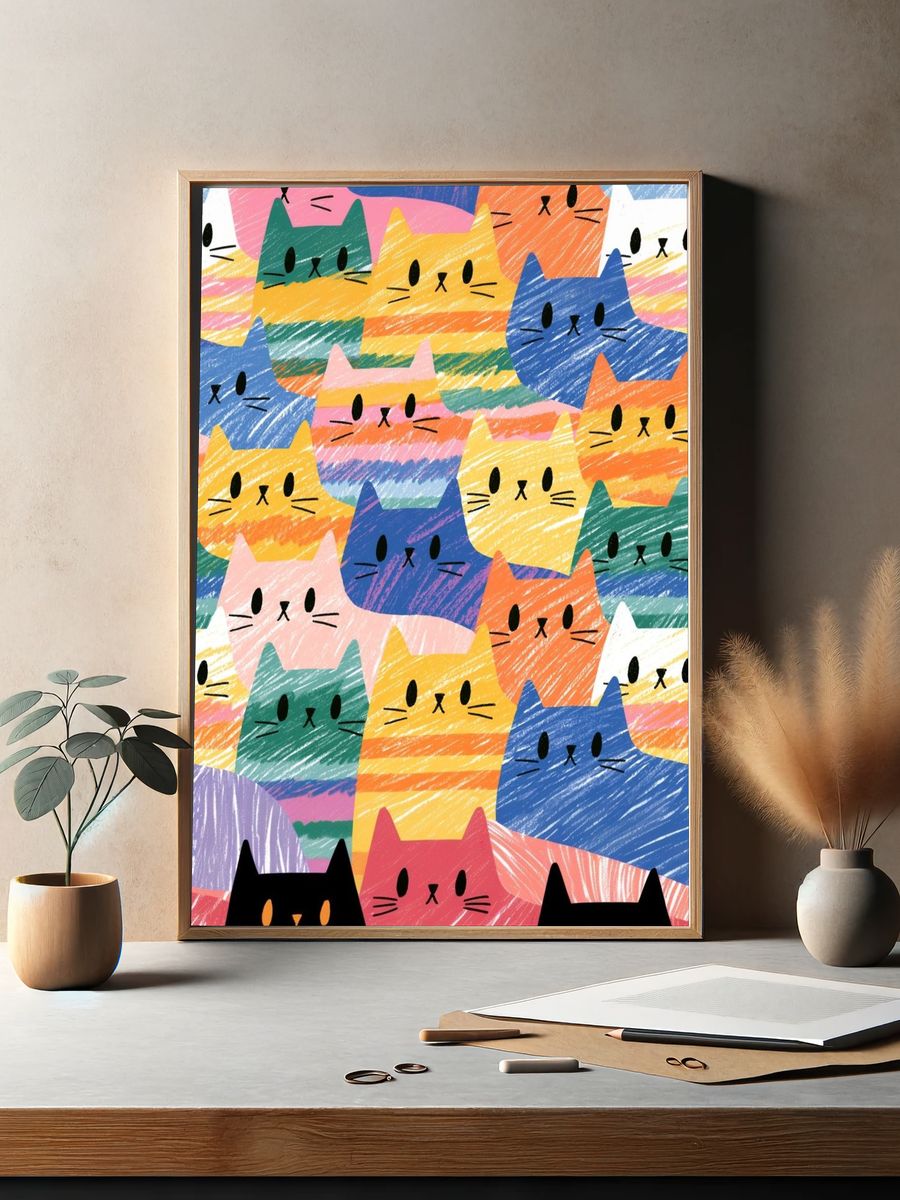 Colorful Cats Illustration Poster. — room view 2