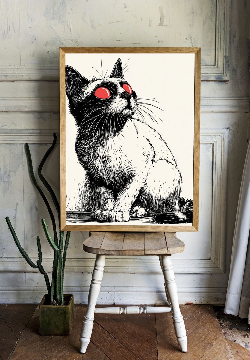 Red-Eyed Cat Illustration Poster. room preview