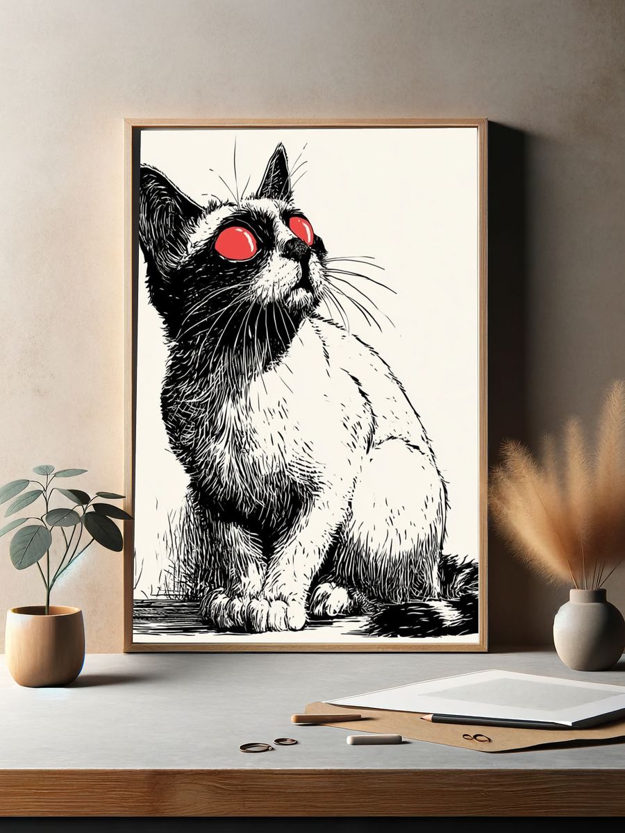 Red-Eyed Cat Illustration Poster. — room view 2