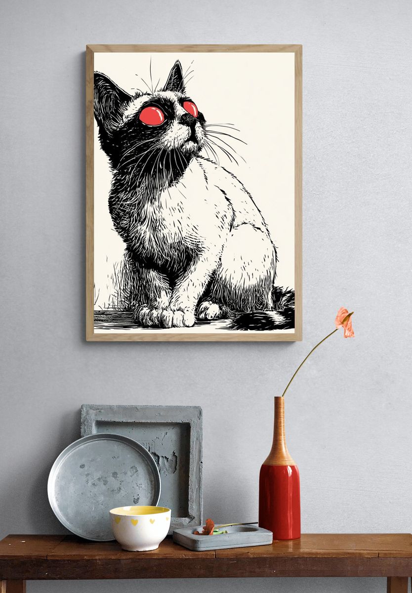 Red-Eyed Cat Illustration Poster. — room view 3