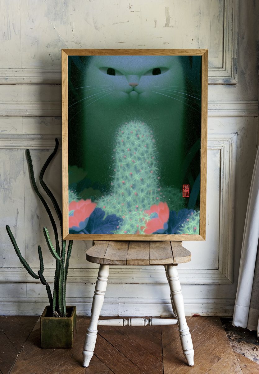 Dreamy Cat and Flowers Illustration Poster. room preview