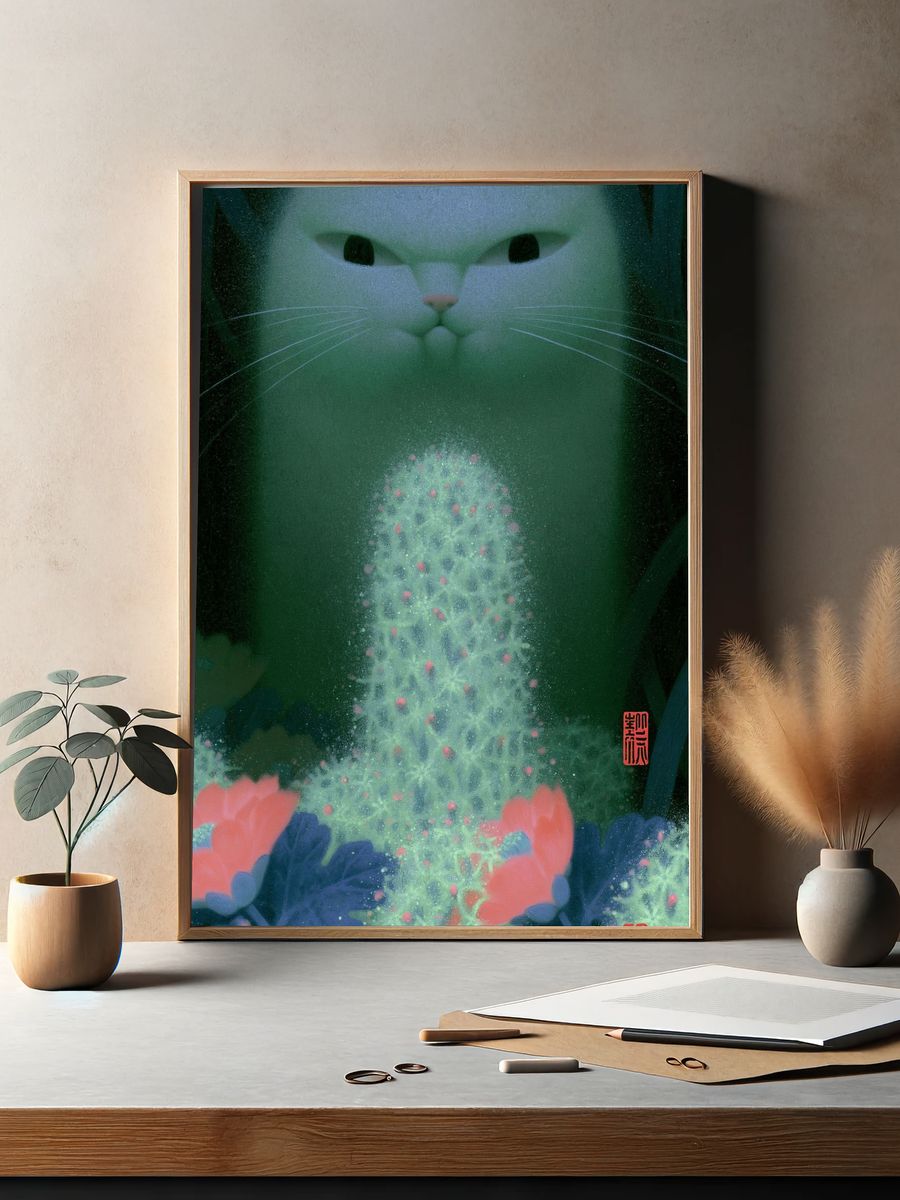 Dreamy Cat and Flowers Illustration Poster. — room view 2