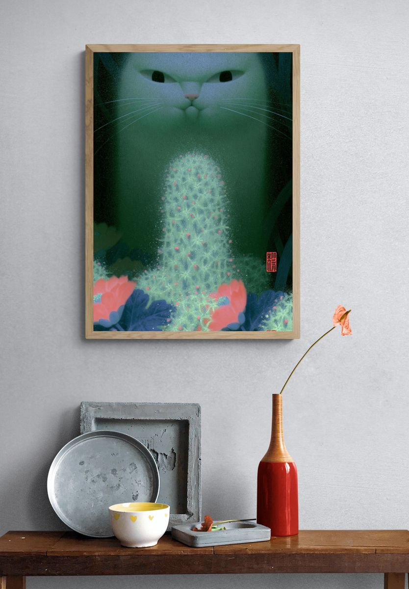 Dreamy Cat and Flowers Illustration Poster. — room view 3