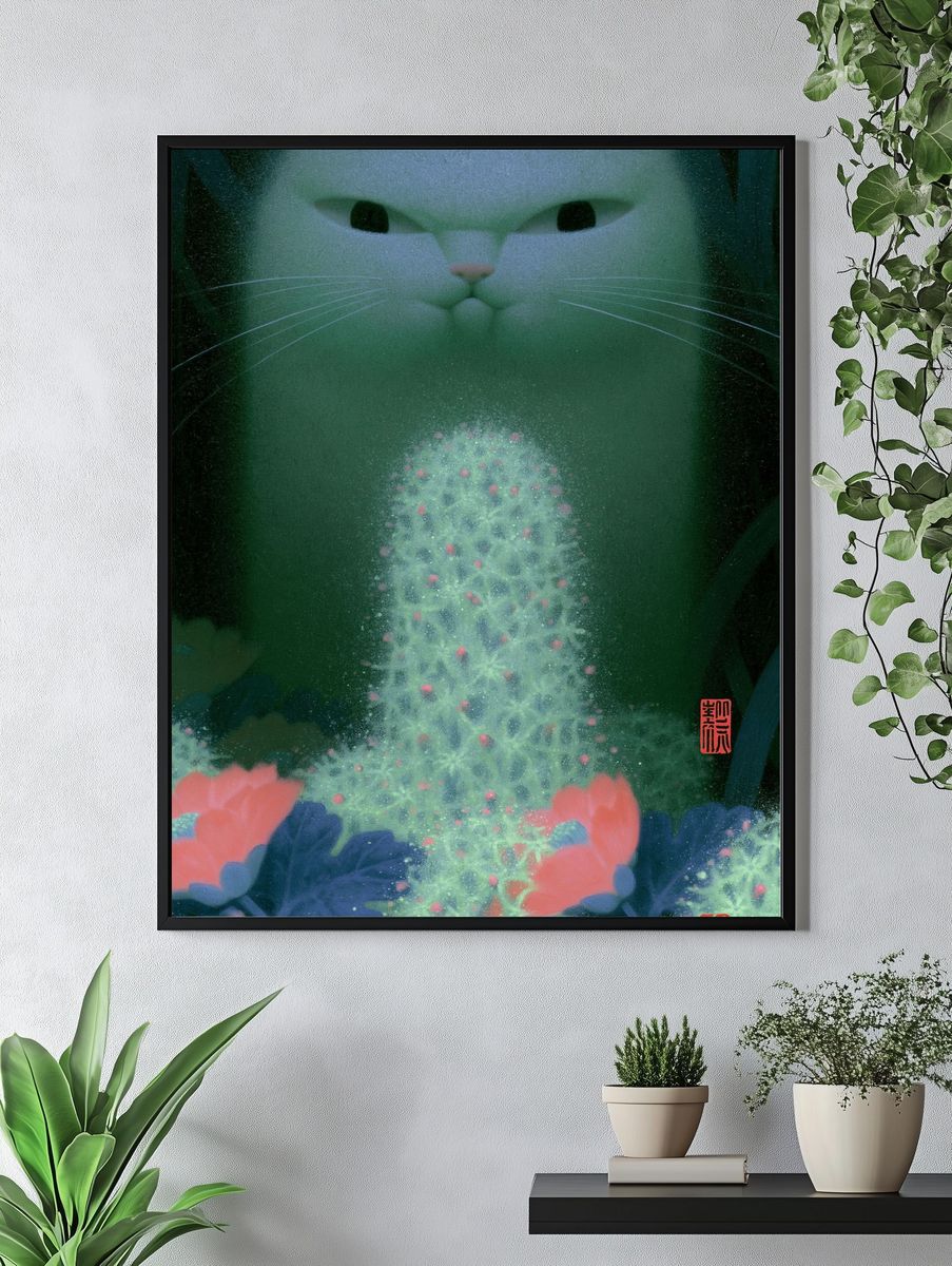 Dreamy Cat and Flowers Illustration Poster. — room view 4