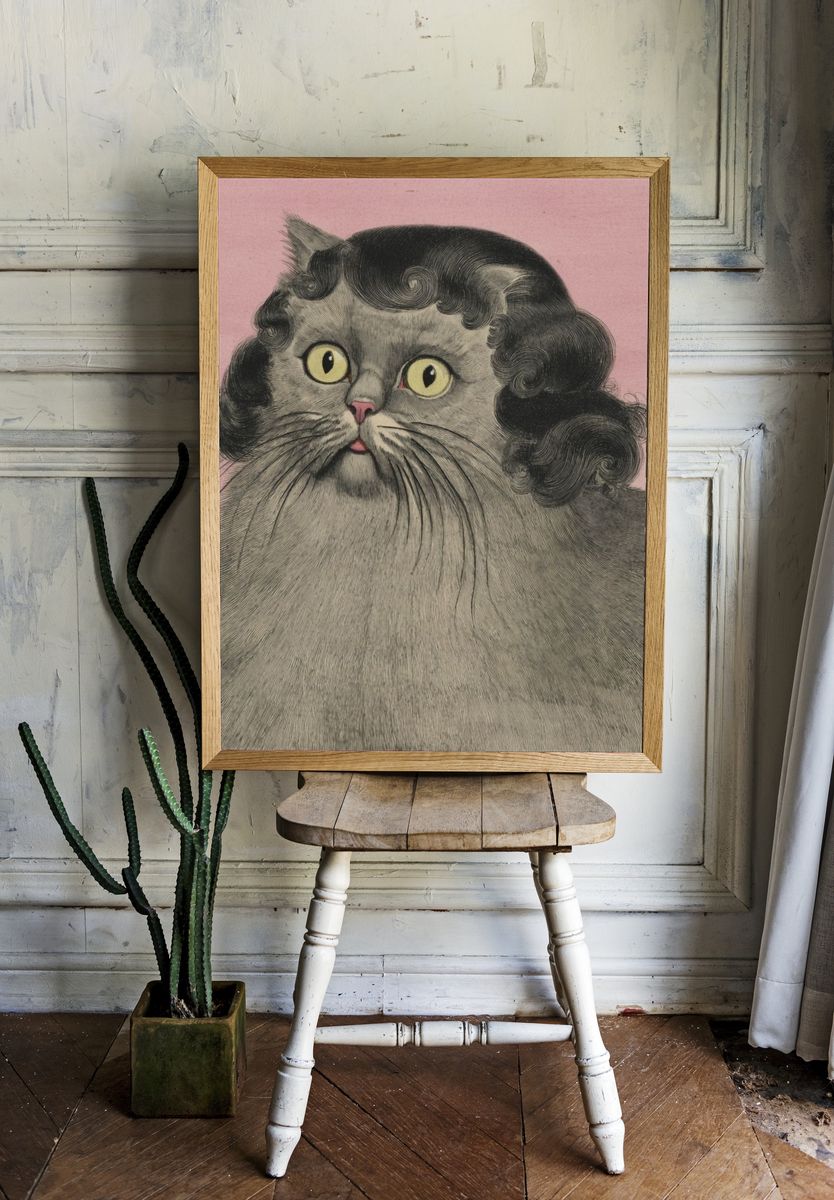 Curly Cat Portrait Illustration Poster. room preview
