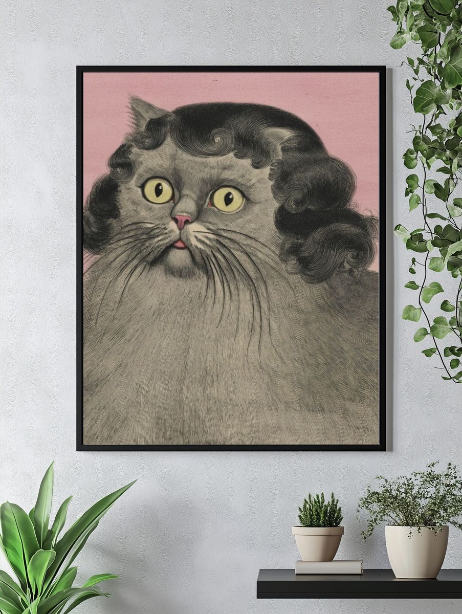 Curly Cat Portrait Illustration Poster. — room view 4