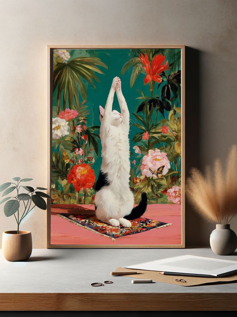 Stretching Cat — Botanical Print. — room view 2