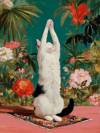 Stretching Cat — Botanical Print. poster print