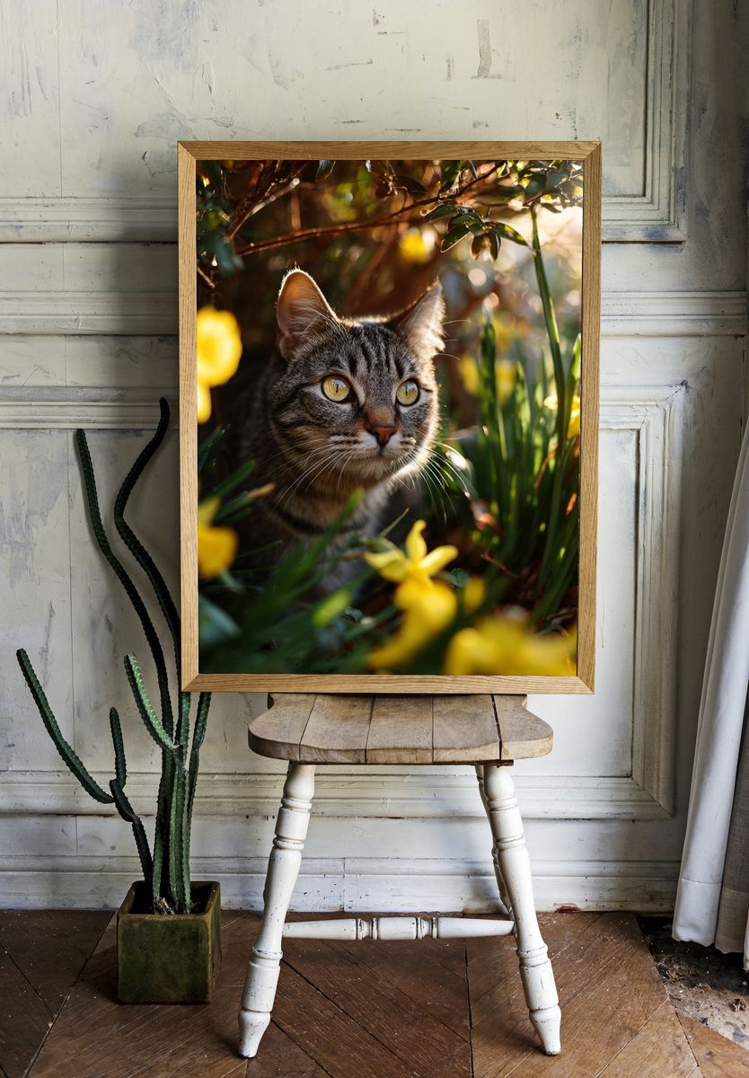 Curious Cat in Blooming Garden Poster. — room view 1