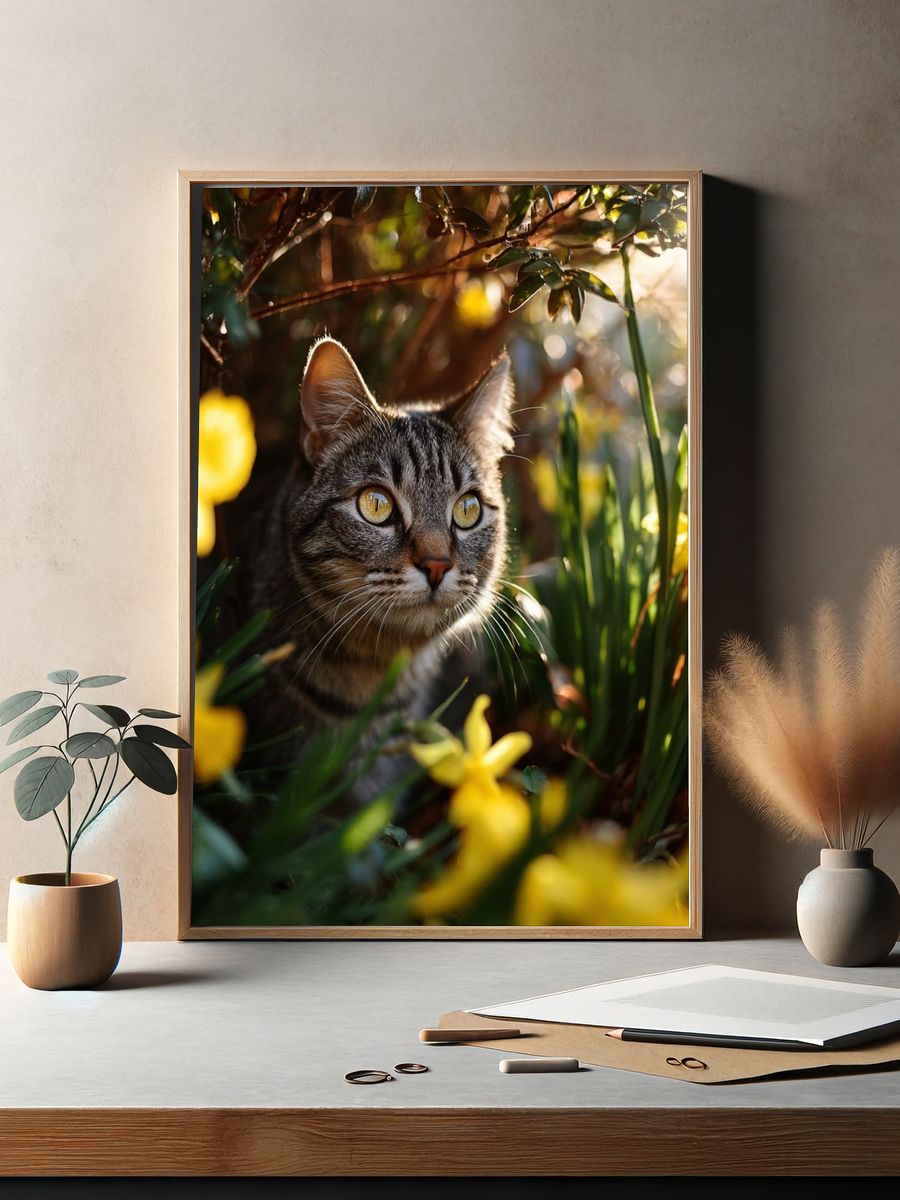 Curious Cat in Blooming Garden Poster. — room view 2
