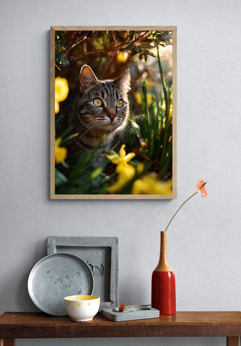 Curious Cat in Blooming Garden Poster. — room view 3