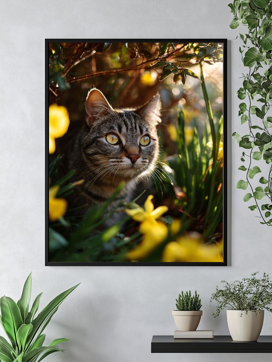 Curious Cat in Blooming Garden Poster. — room view 4