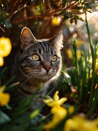Curious Cat in Blooming Garden Poster. poster print