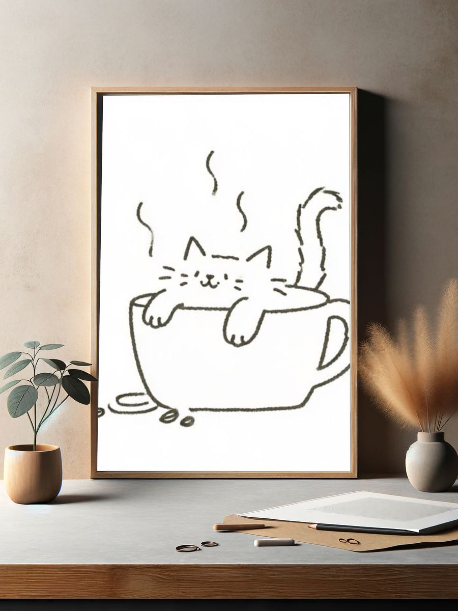 Cat in Coffee Cup Illustration Print. — room view 2