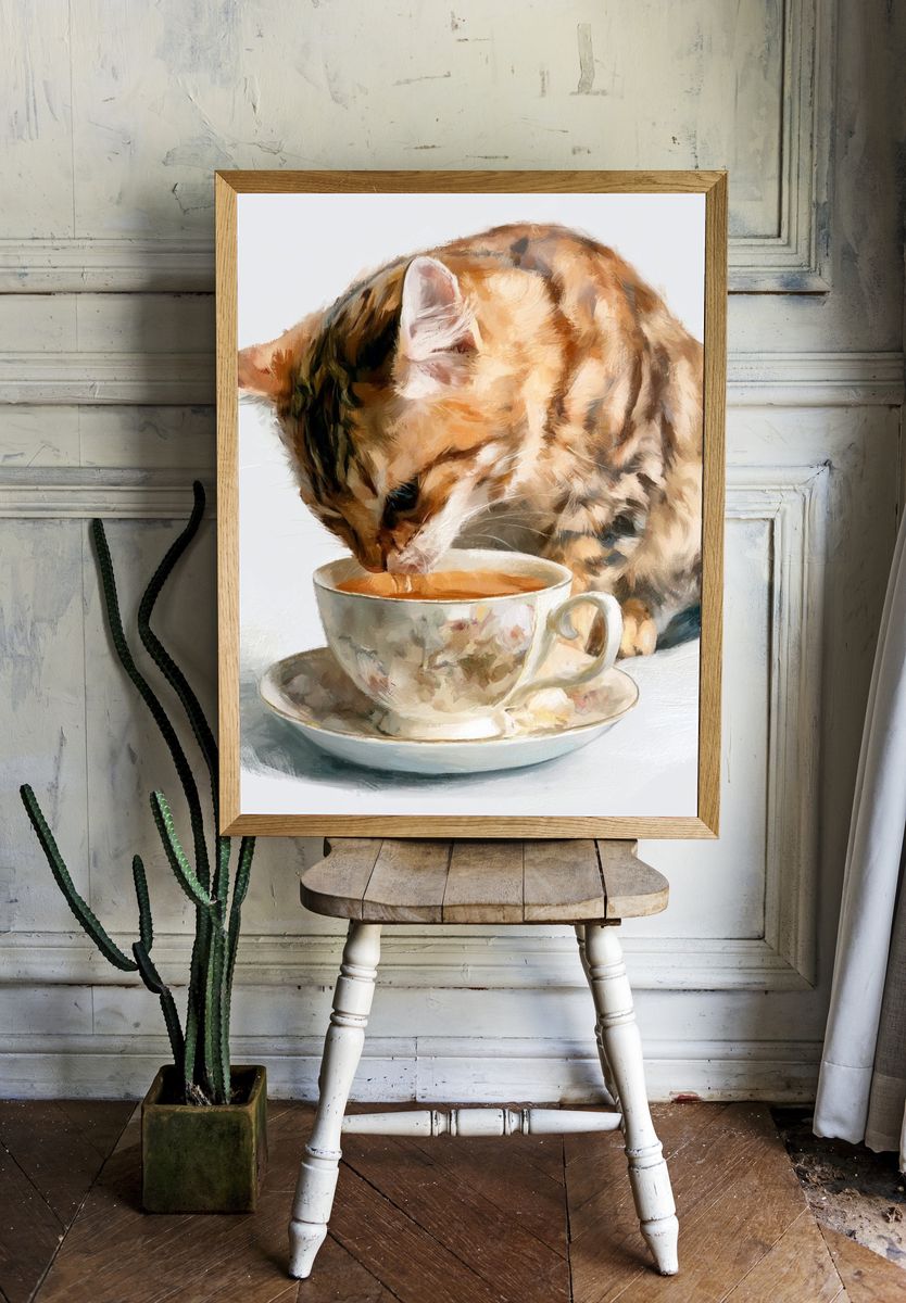 Cat and Teacup Illustration Poster. — room view 1