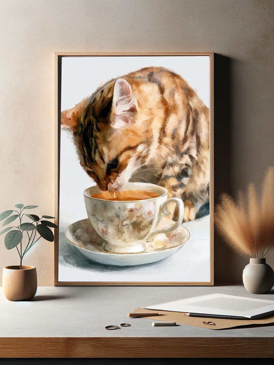 Cat and Teacup Illustration Poster. — room view 2