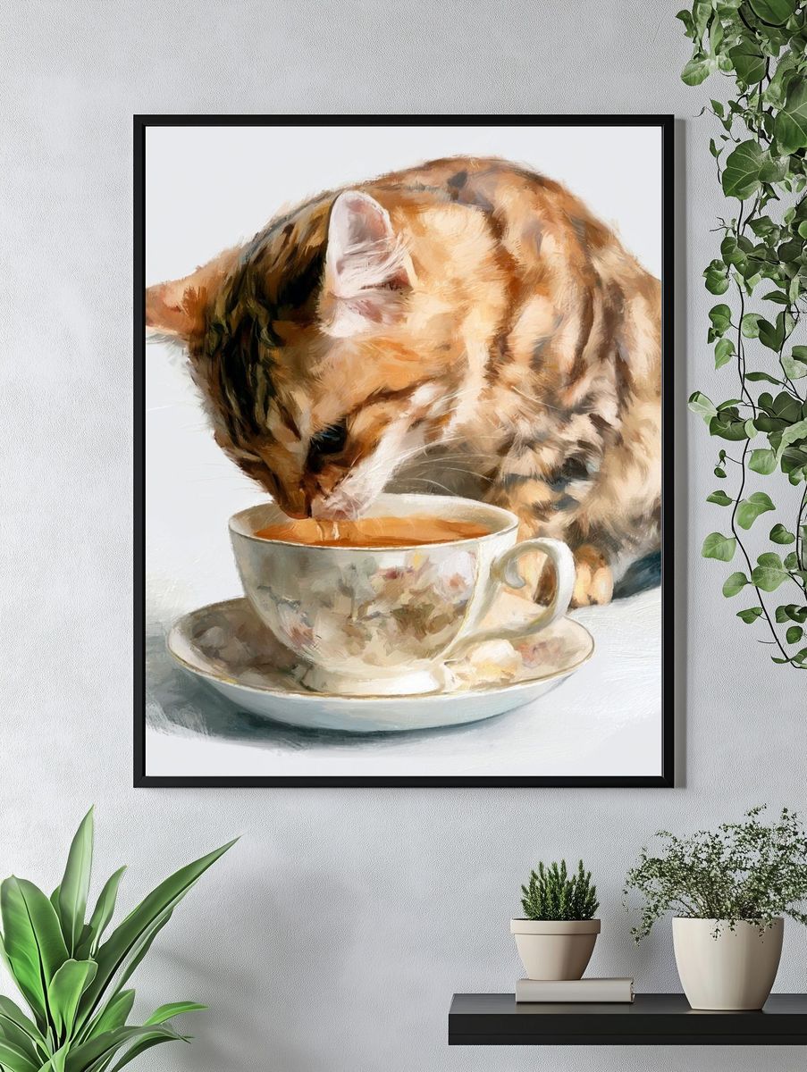 Cat and Teacup Illustration Poster. — room view 4