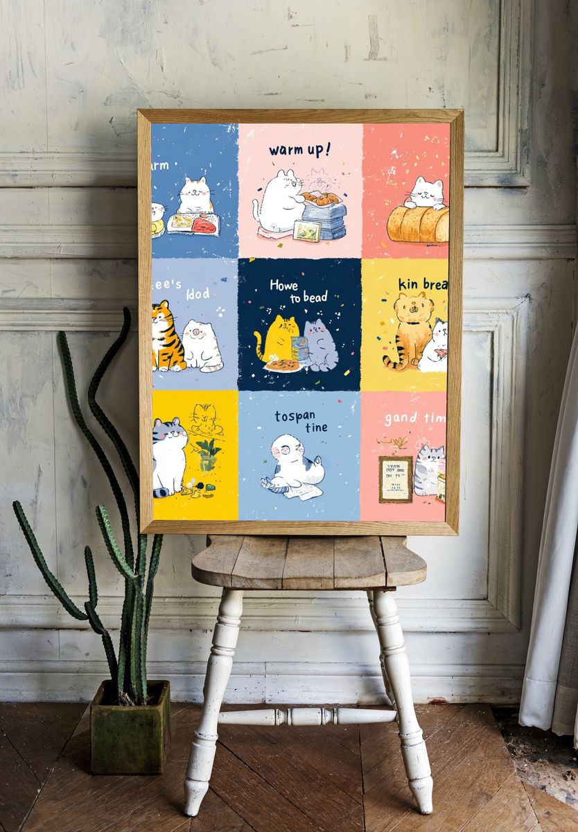 Cute Cats Snack Time Illustration Poster. — room view 1