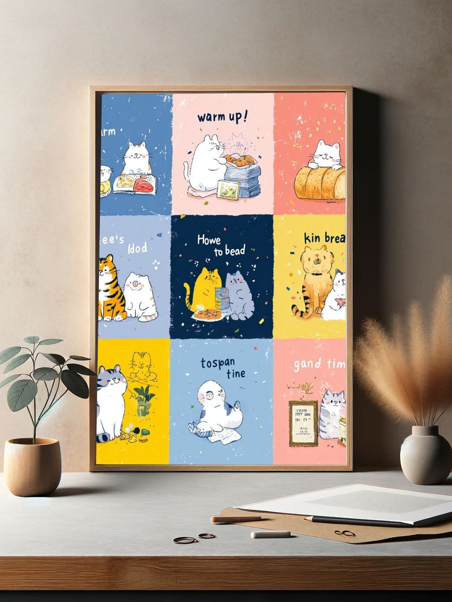Cute Cats Snack Time Illustration Poster. — room view 2