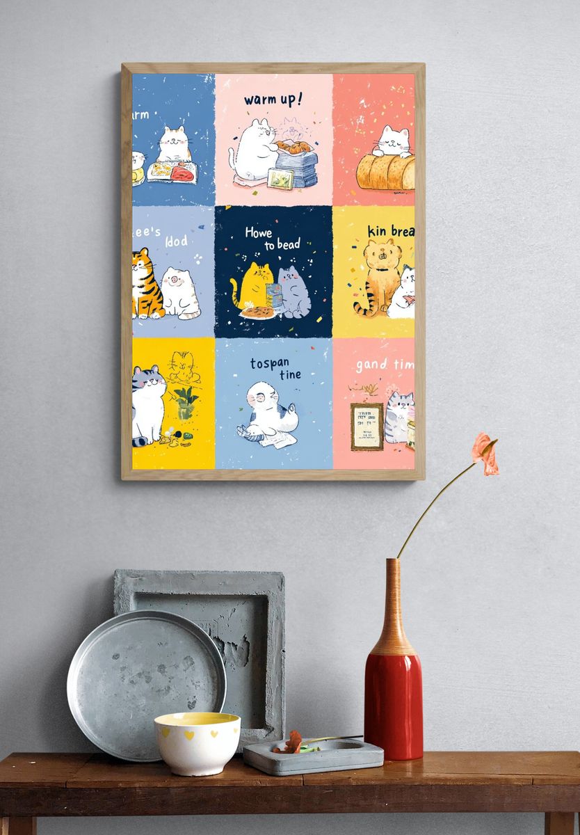 Cute Cats Snack Time Illustration Poster. — room view 3