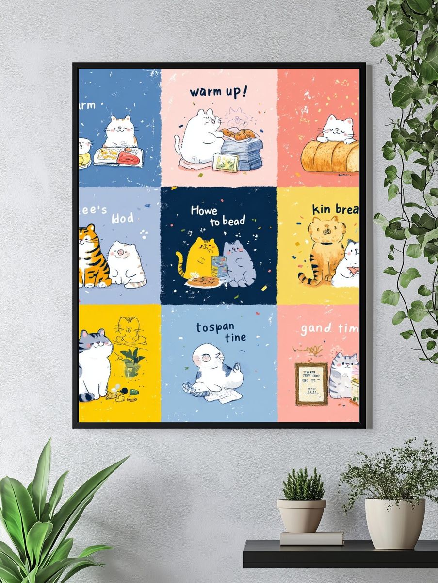Cute Cats Snack Time Illustration Poster. — room view 4