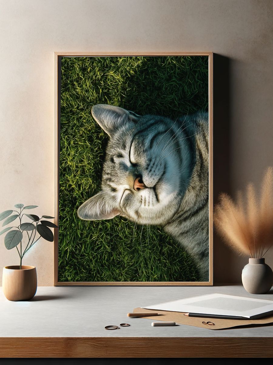 Sleeping Tabby Cat Photography Poster. — room view 2