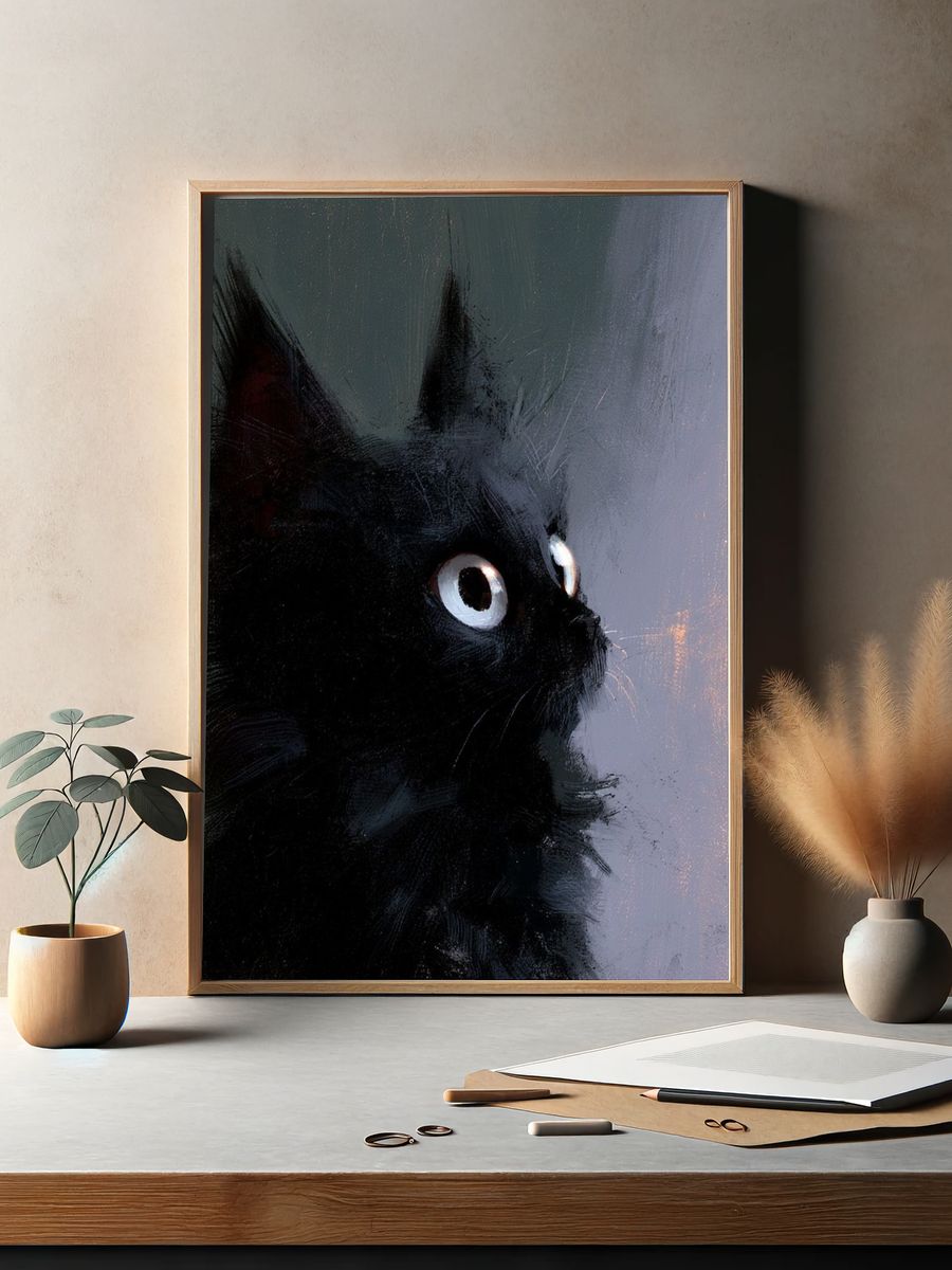 Black Cat Portrait Illustration Poster. — room view 2