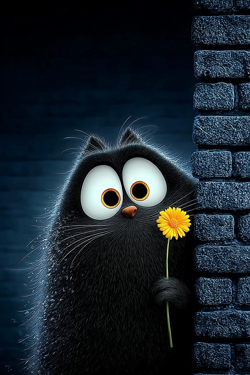 Cute Black Cat with Flower — Illustration Print. poster detail