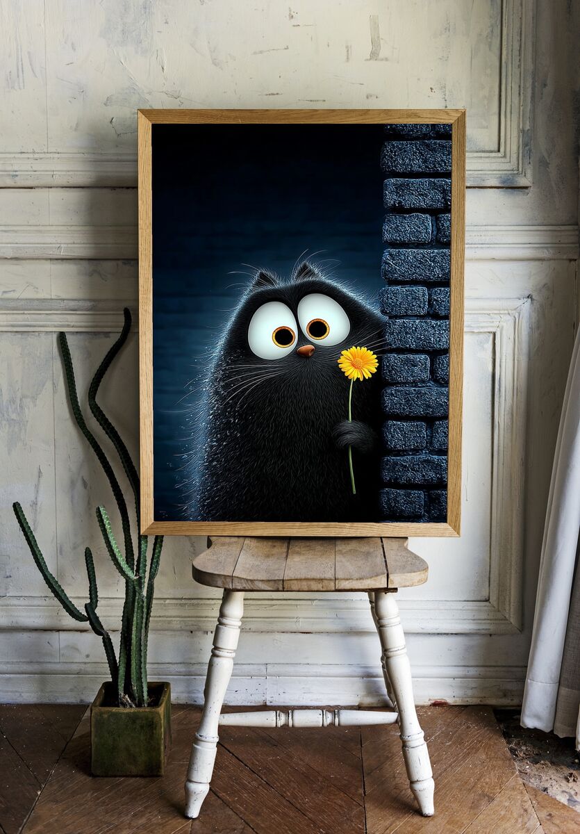 Cute Black Cat with Flower — Illustration Print. — room view 1