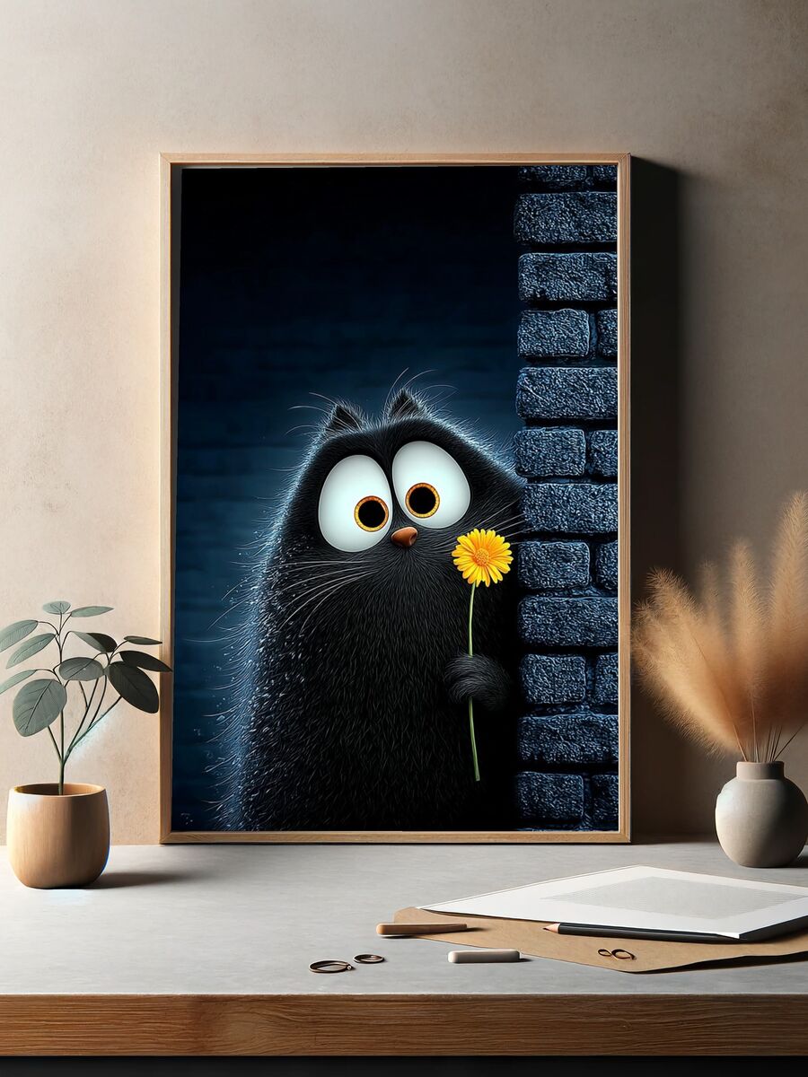 Cute Black Cat with Flower — Illustration Print. — room view 2