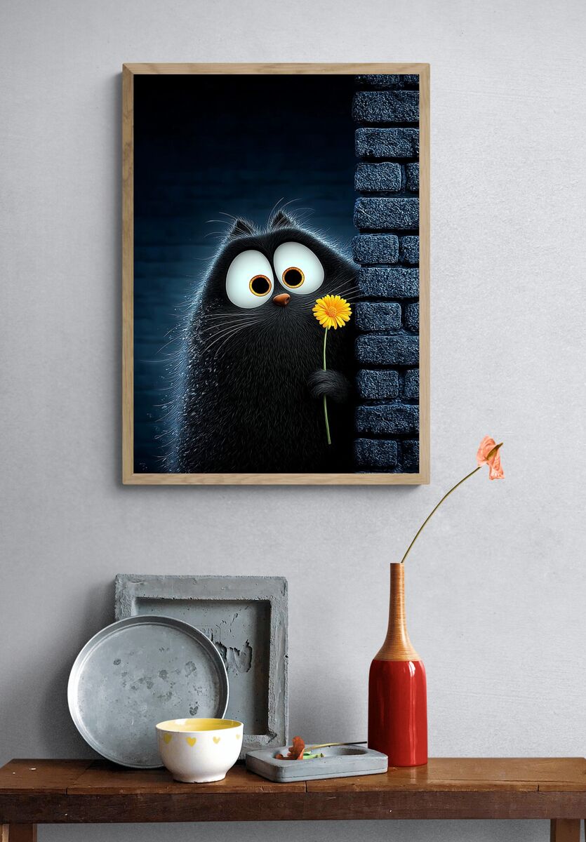 Cute Black Cat with Flower — Illustration Print. — room view 3