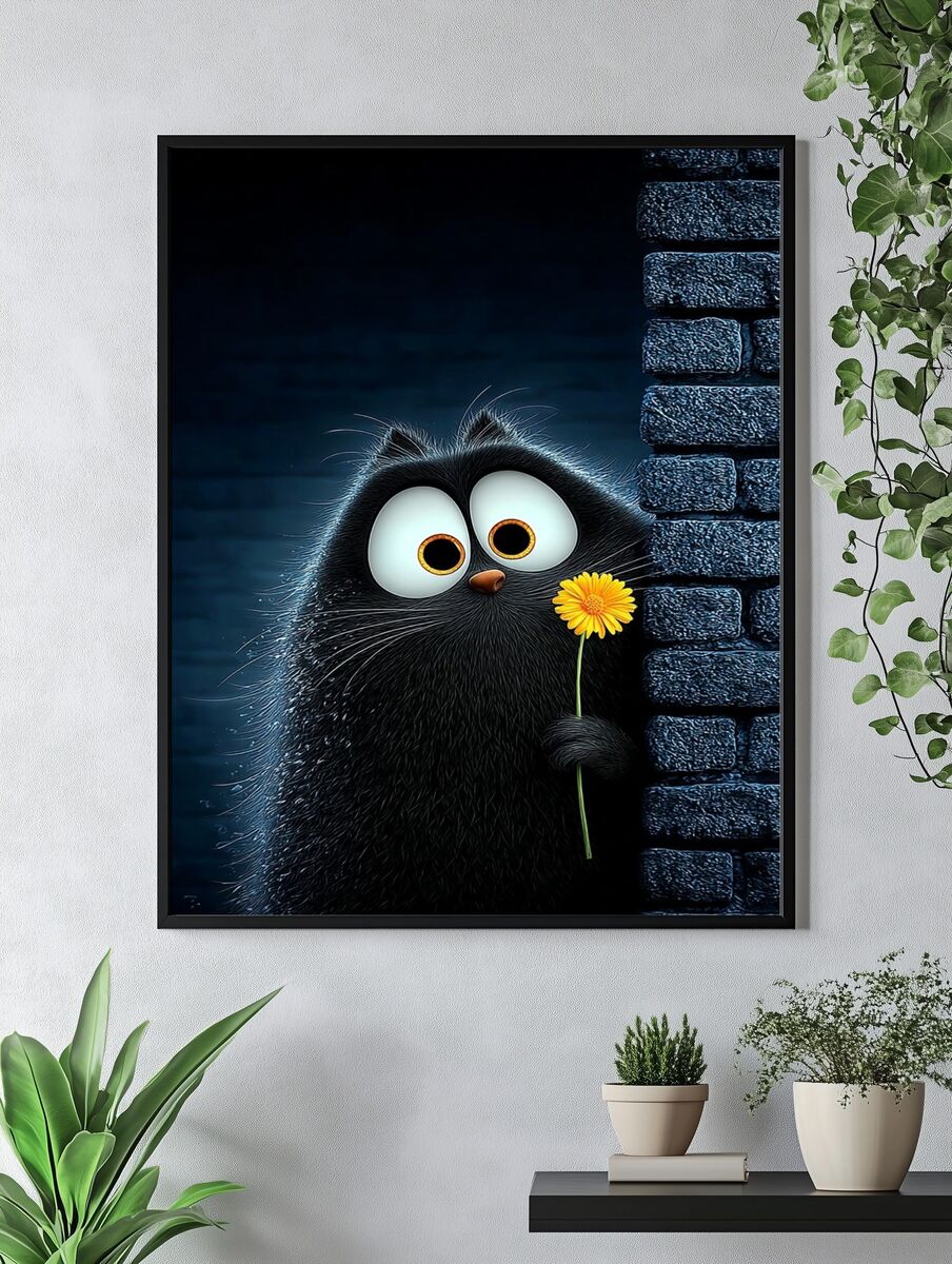 Cute Black Cat with Flower — Illustration Print. — room view 4