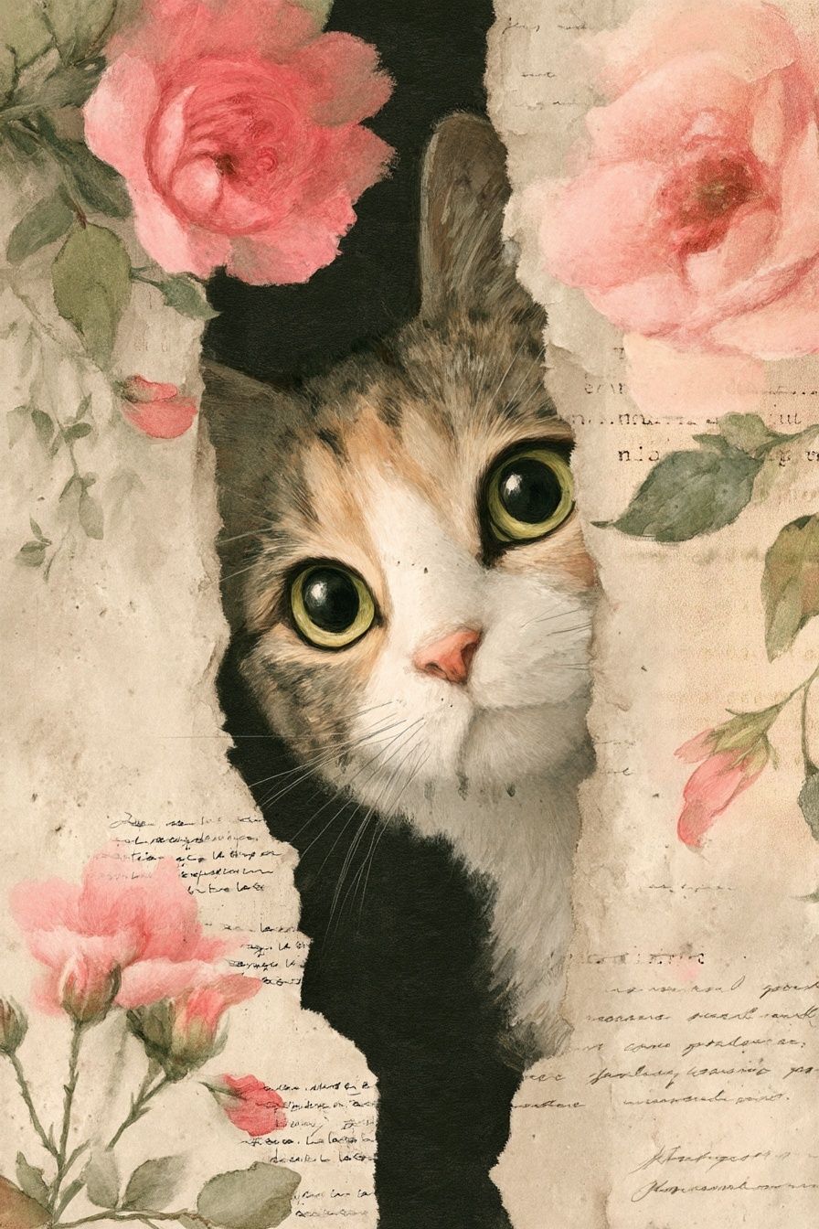 Curious Cat with Roses — Art Print. poster — animals art