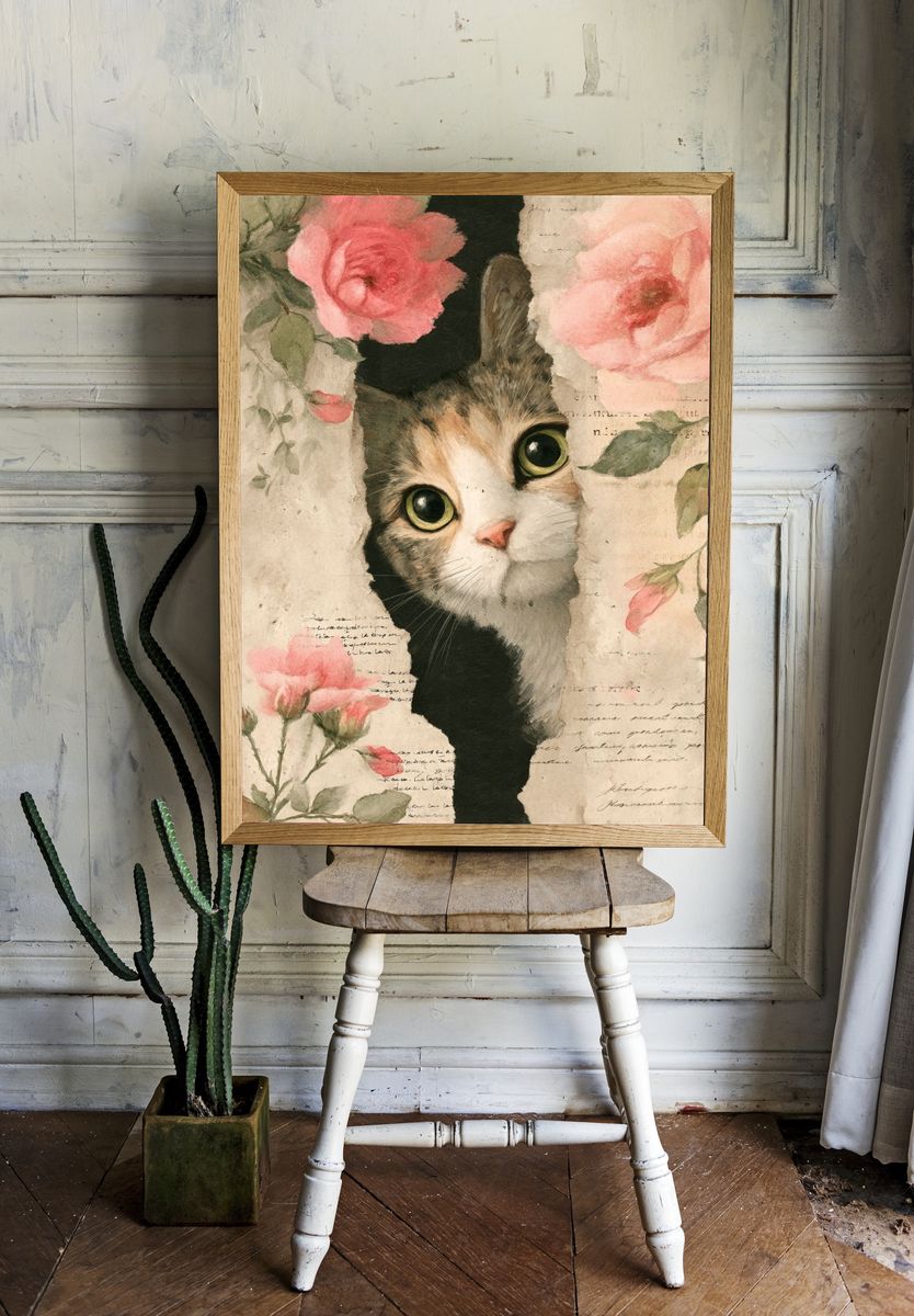 Curious Cat with Roses — Art Print. — room view 1
