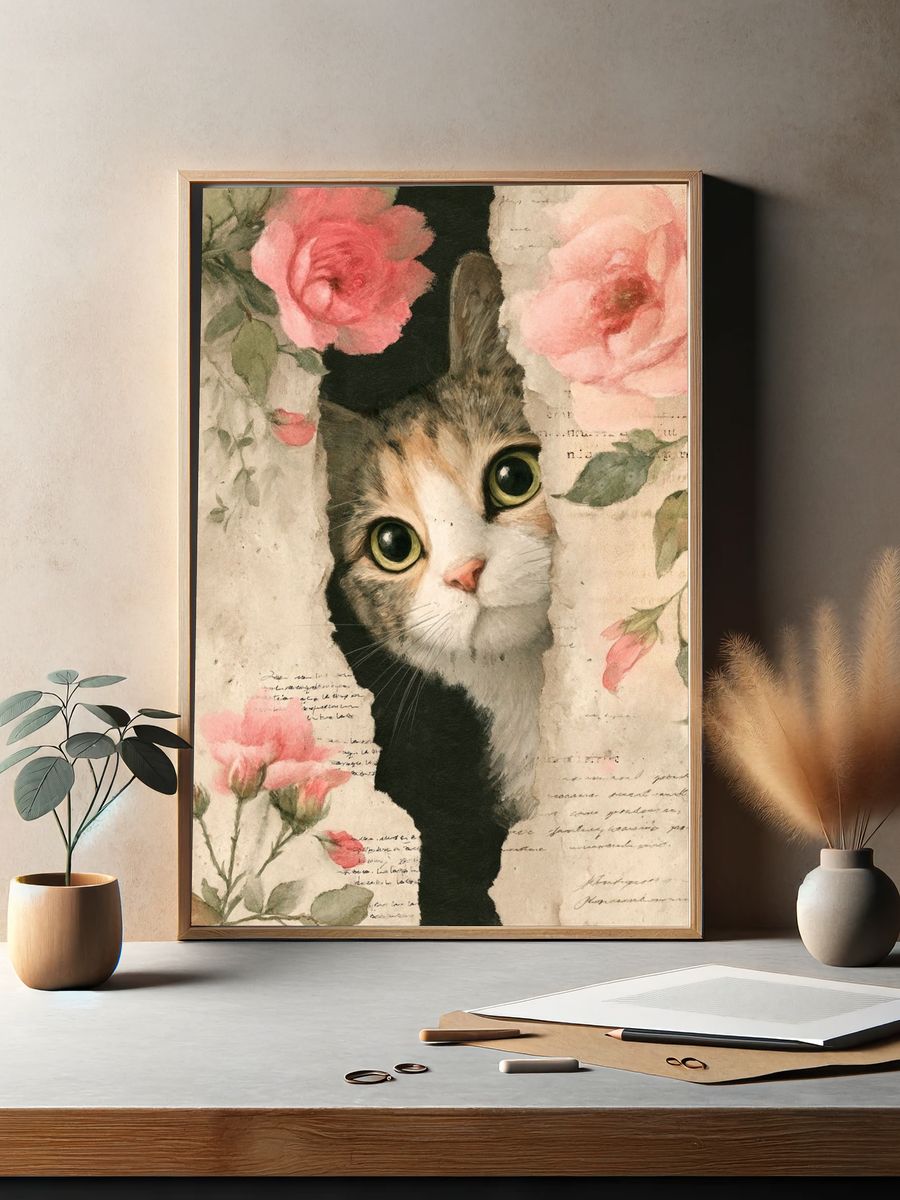 Curious Cat with Roses — Art Print. — room view 2