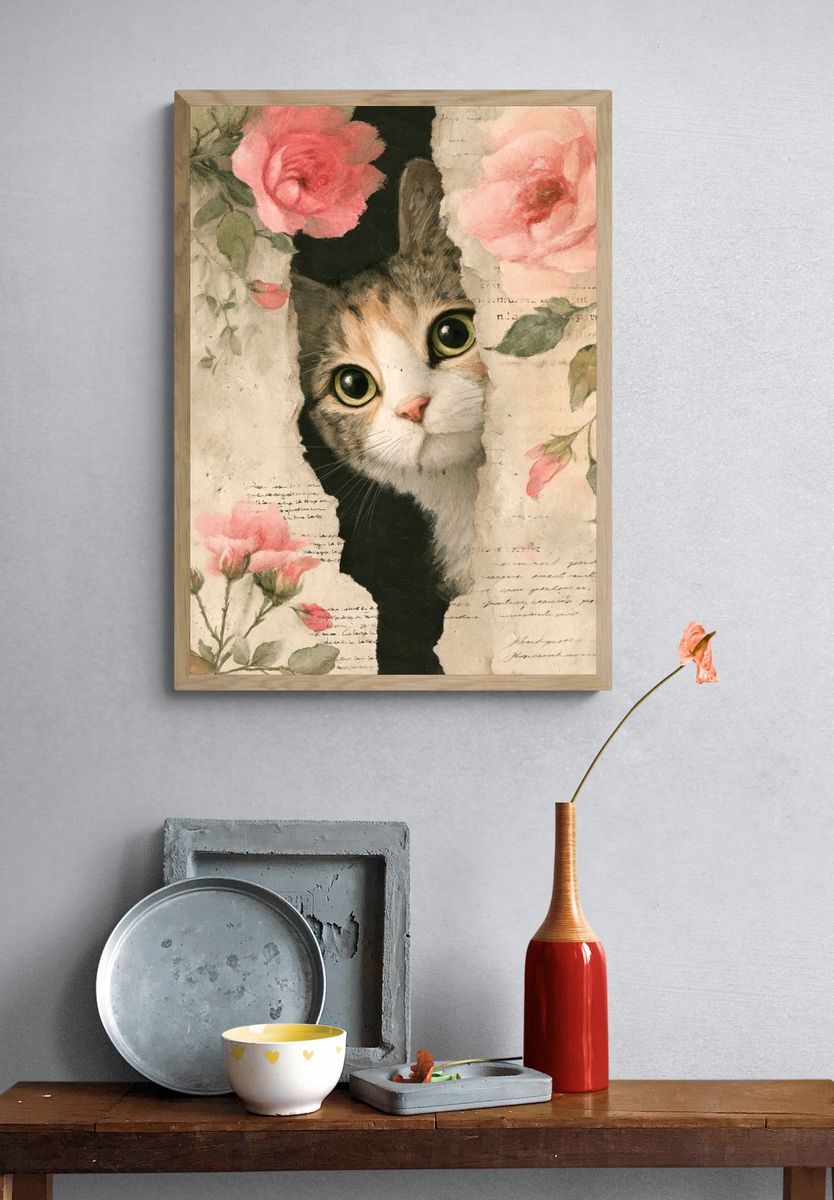 Curious Cat with Roses — Art Print. — room view 3
