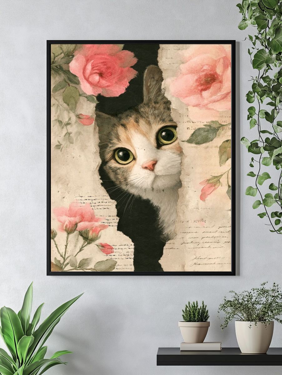 Curious Cat with Roses — Art Print. — room view 4