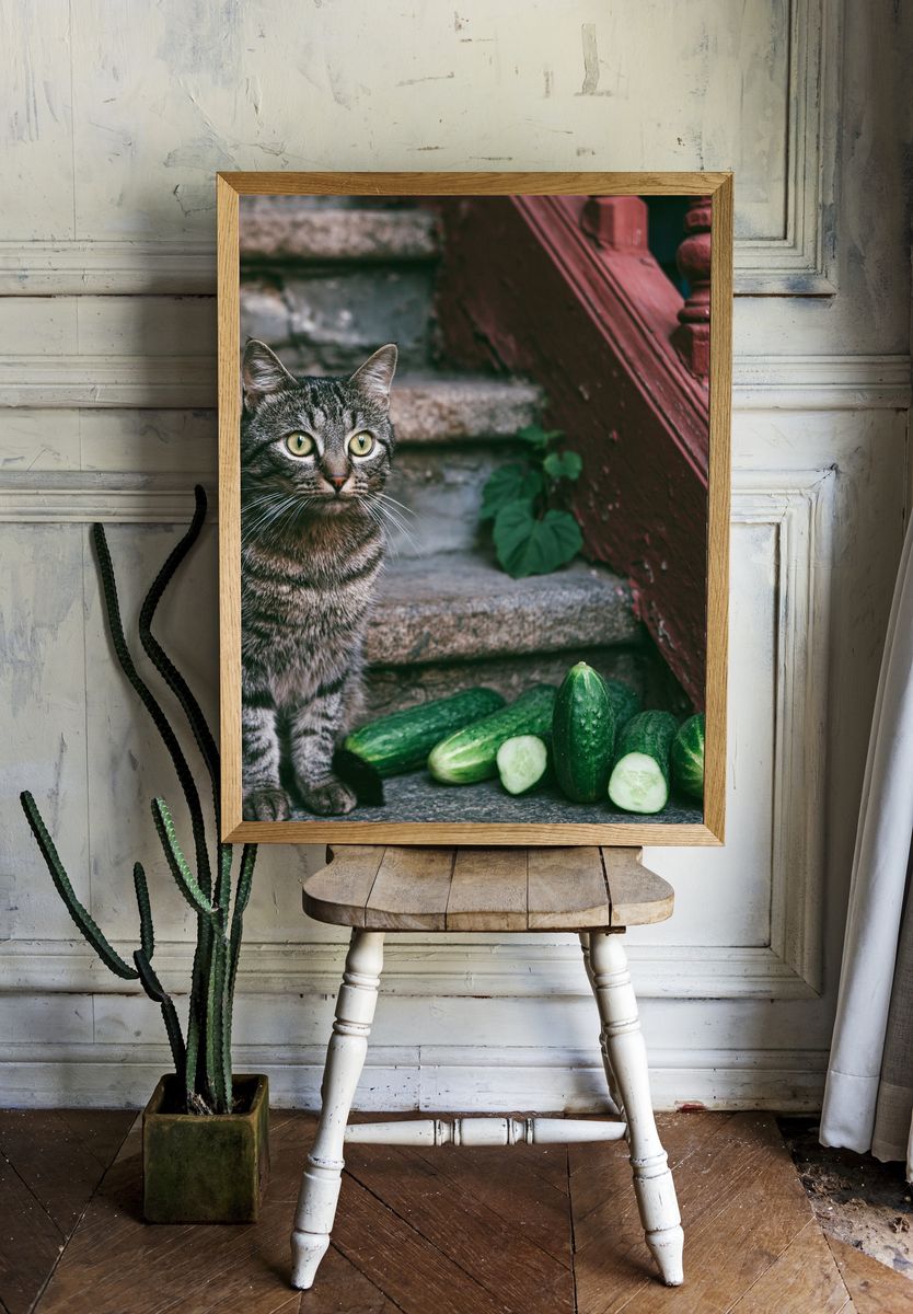 Tabby Cat with Cucumbers Photography Poster. — room view 1