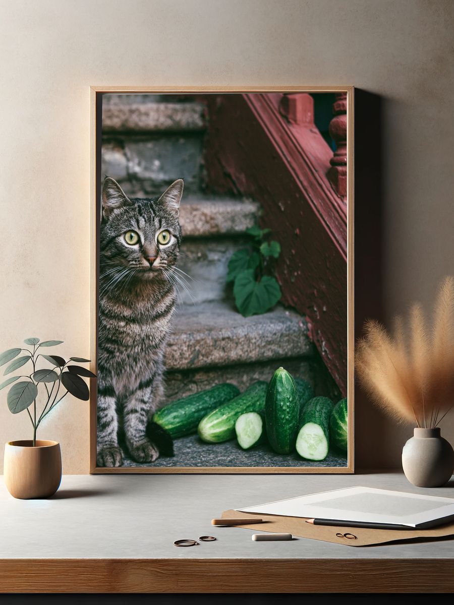 Tabby Cat with Cucumbers Photography Poster. — room view 2