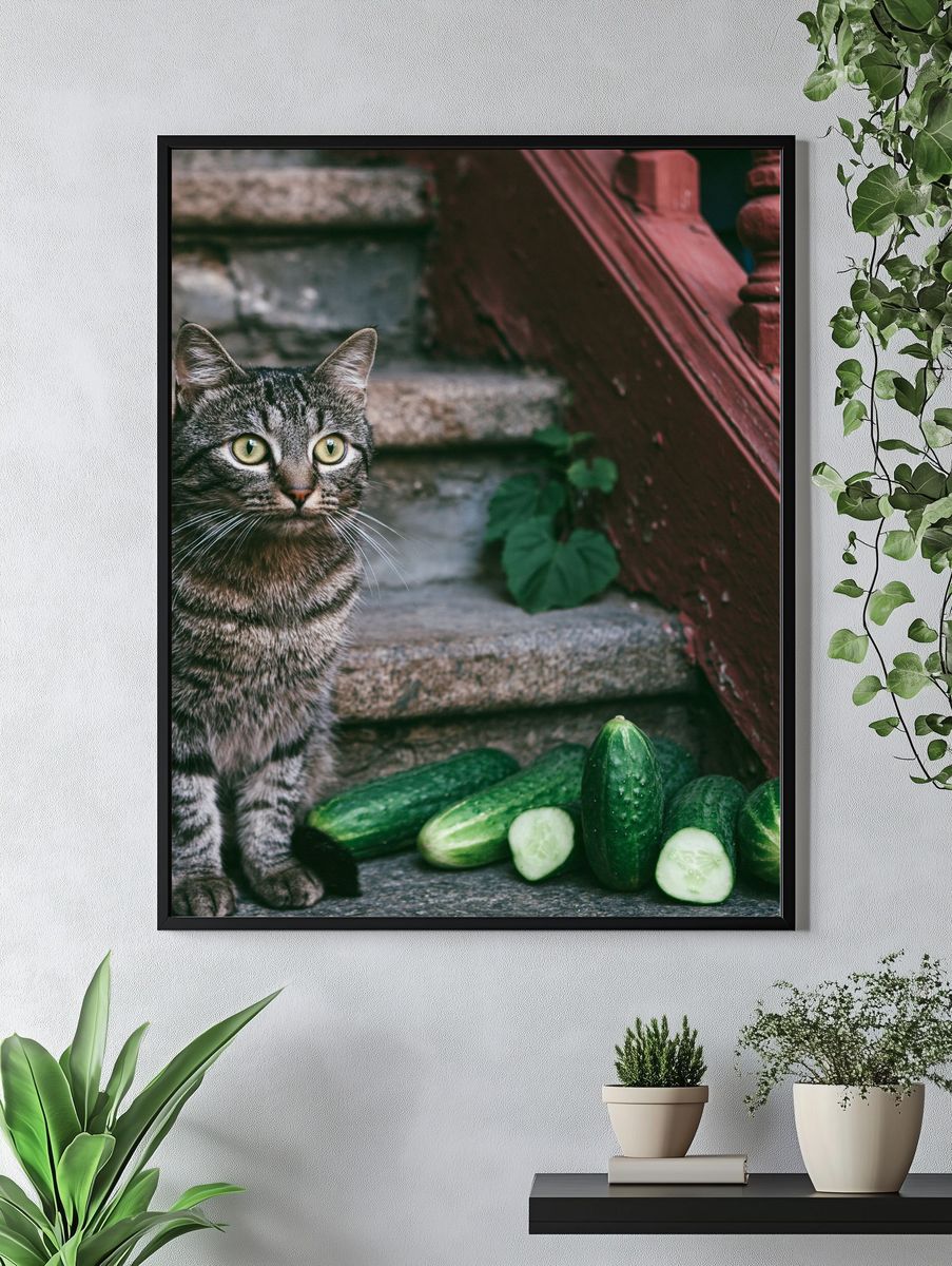 Tabby Cat with Cucumbers Photography Poster. — room view 4