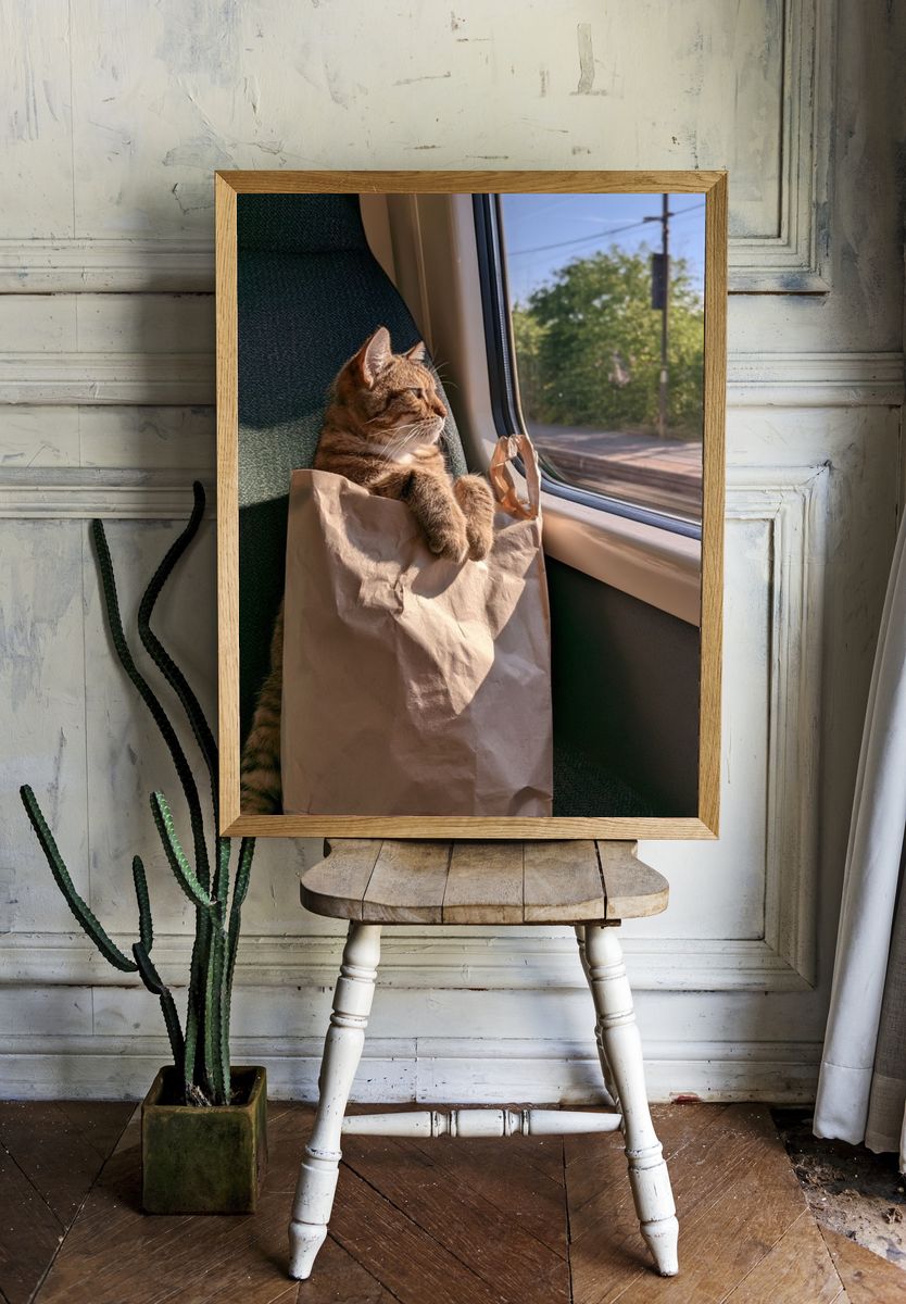 Cat on Train Seat Photography Poster. room preview