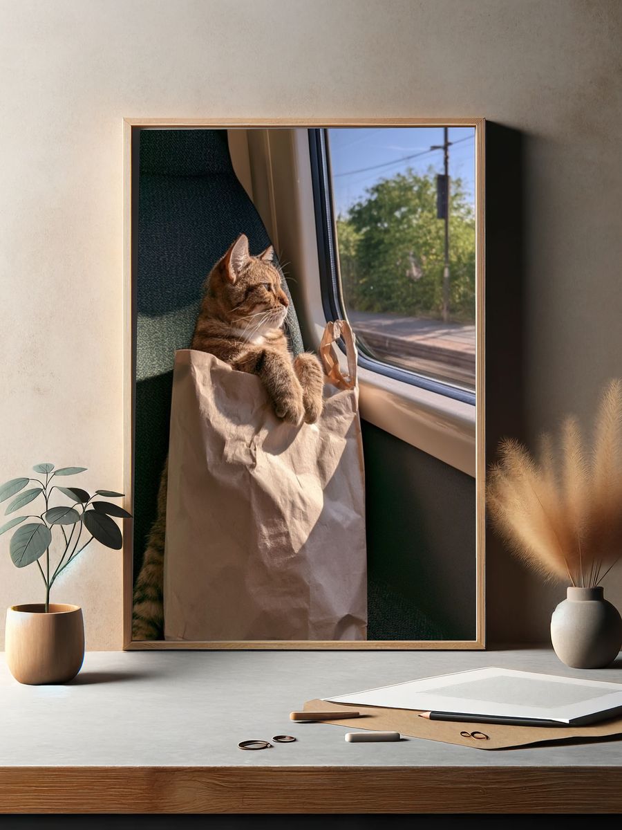Cat on Train Seat Photography Poster. — room view 2