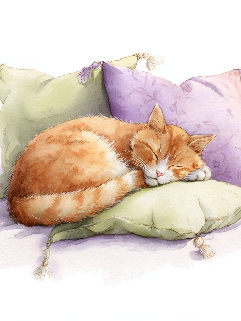 Sleeping Ginger Cat Watercolor Print. poster — illustration art